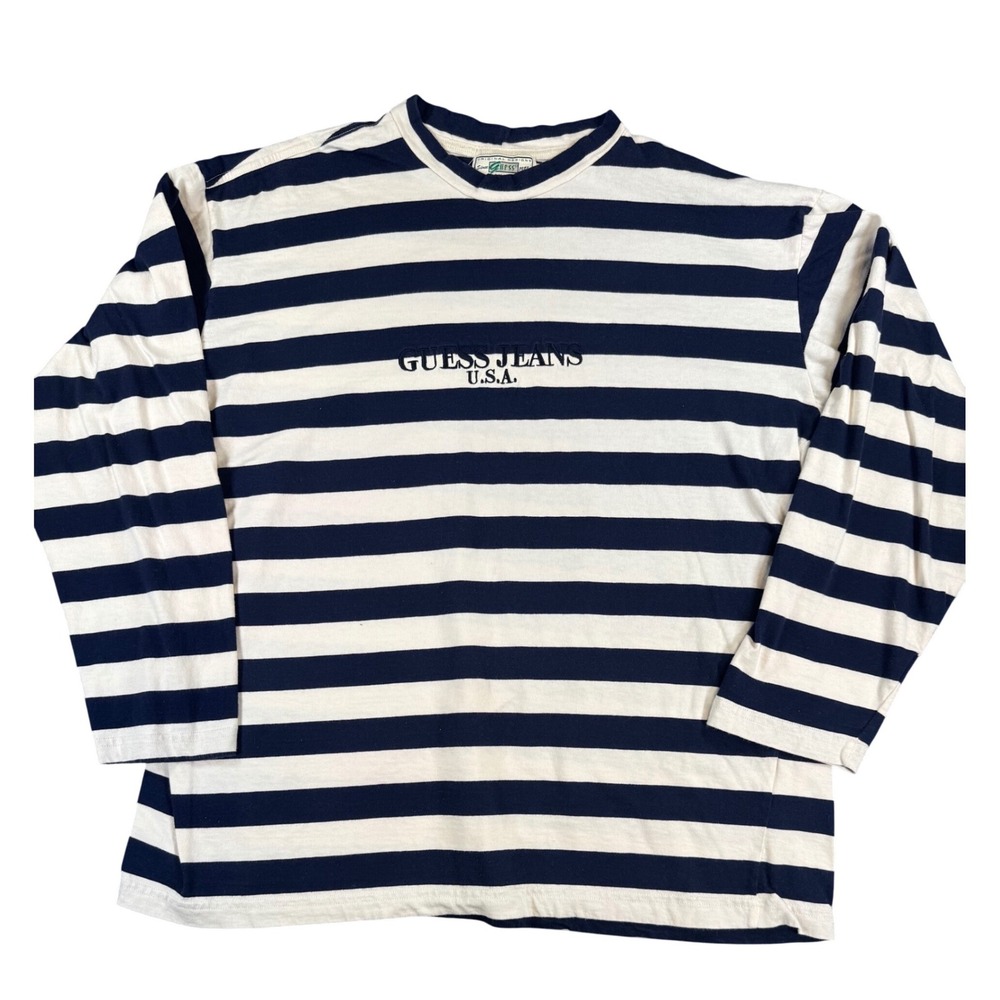 Vintage GUESS Jeans USA Striped Long Sleeve Shirt XL Navy White Embroidered Logo